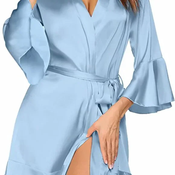 Women's Satin Blue Robe - Ruffle Hem BRAND NEW - Picture 3 of 6